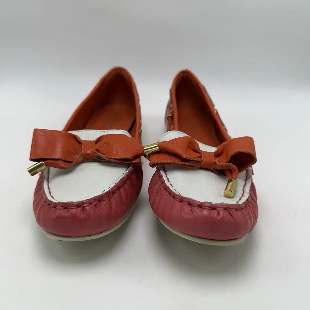 Kate Spade Boat Shoes Flats Bow Pink Red White‎ Women's Size 8M